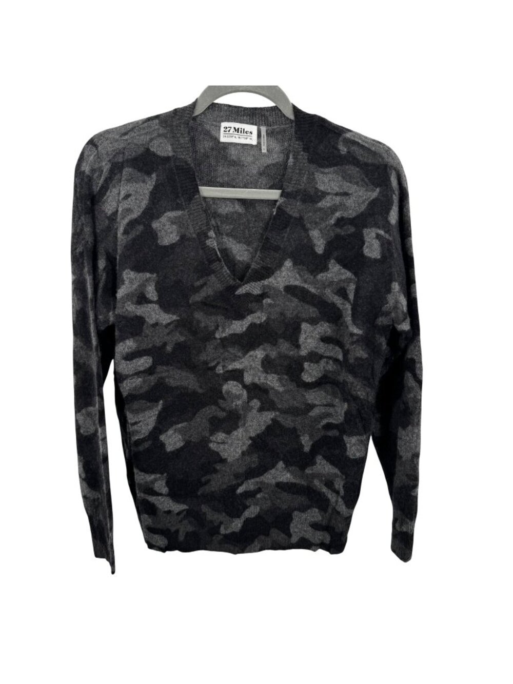 27 Miles Malibu Gray Camo 100% Cashmere V-Neck Sweater Womens Medium